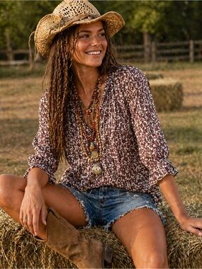 Brown & White Floral Semi-Sheer Peasant Blouse